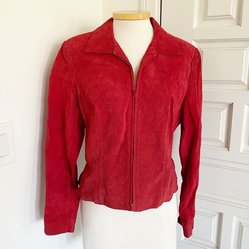 Coldwater Creek Leather Jacket Size Medium Red Suede Coat Zipper